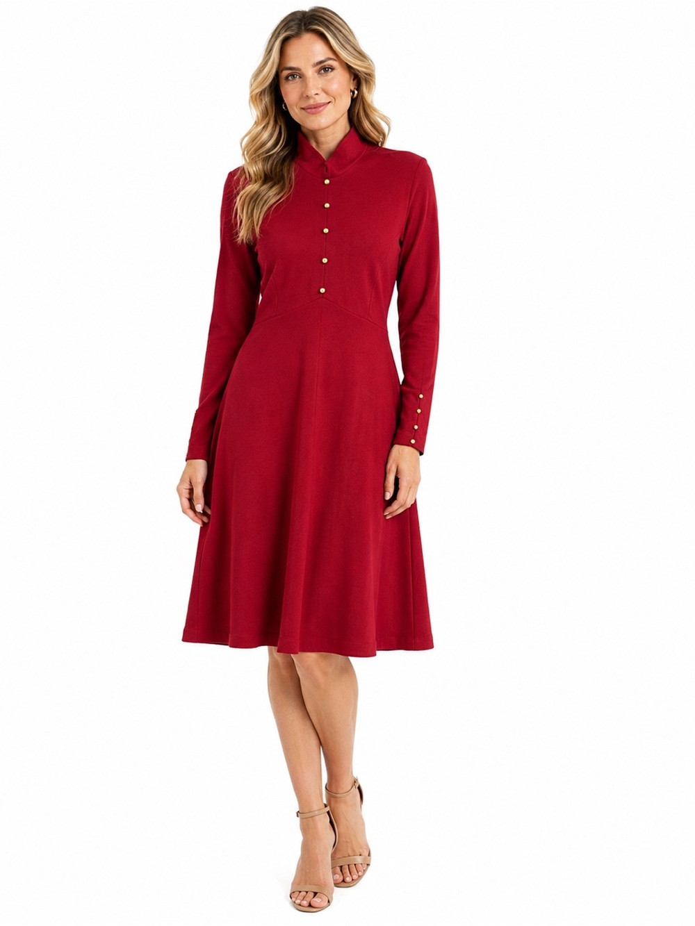Vintage Linda Allard Ellen Tracy Red Wool Gold Button Midi Dress 12